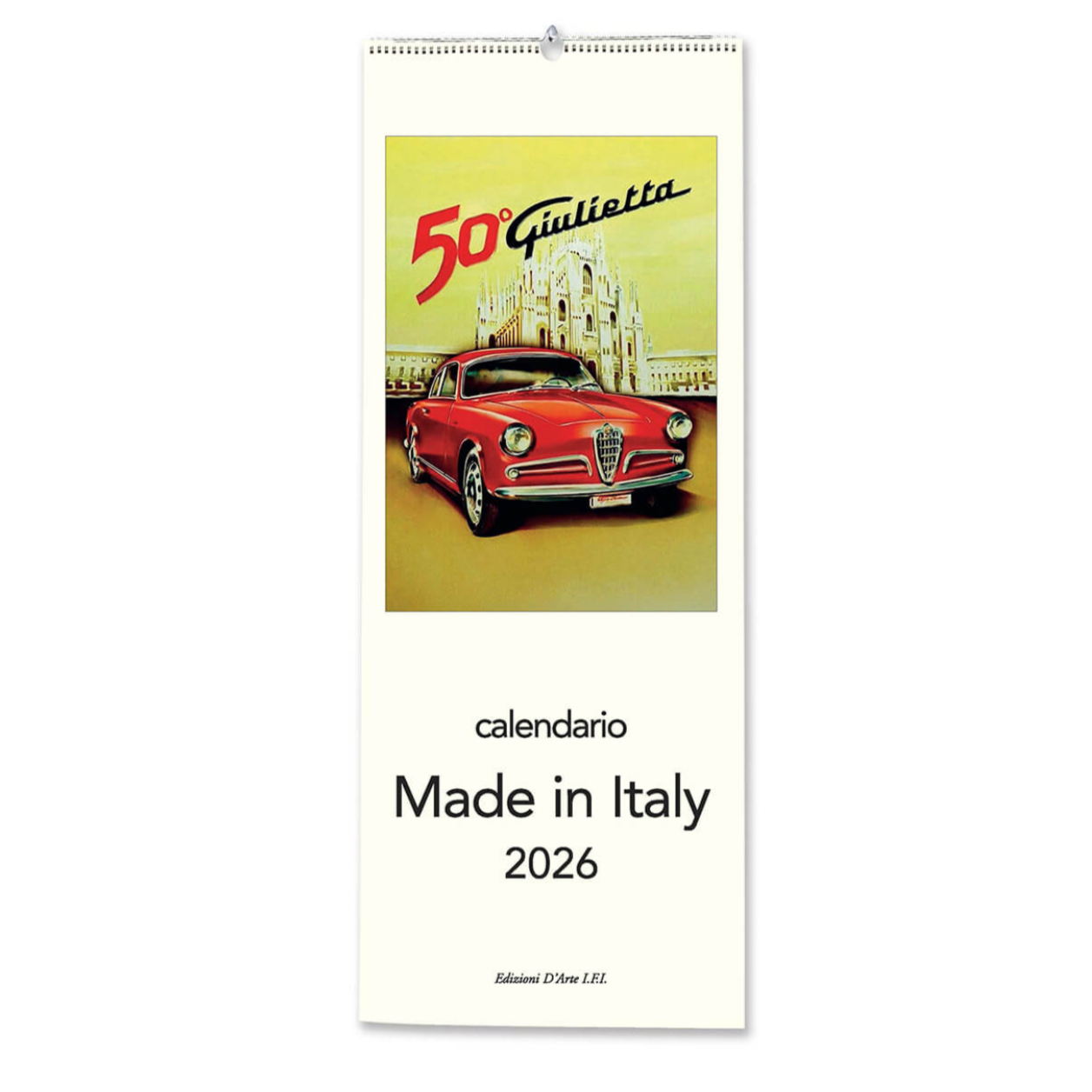 Calendar cover featuring a red car with '50 Giulietta' text on a yellow background