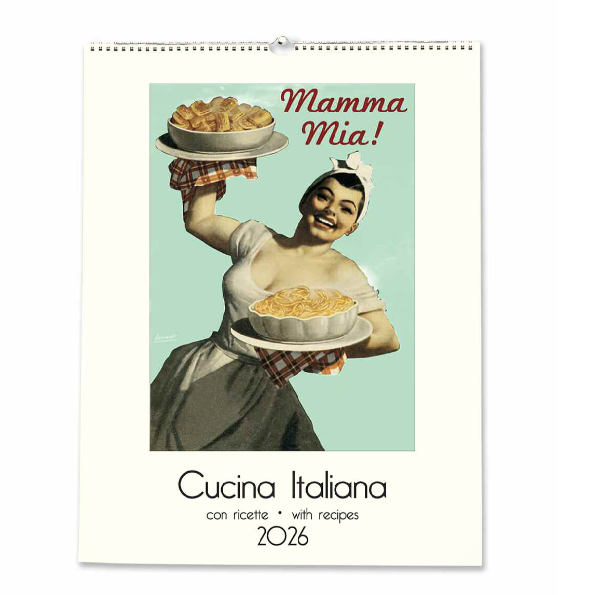 Calendar cover featuring a vintage-style illustration of a woman holding pasta dishes with 'Mamma Mia!' text.