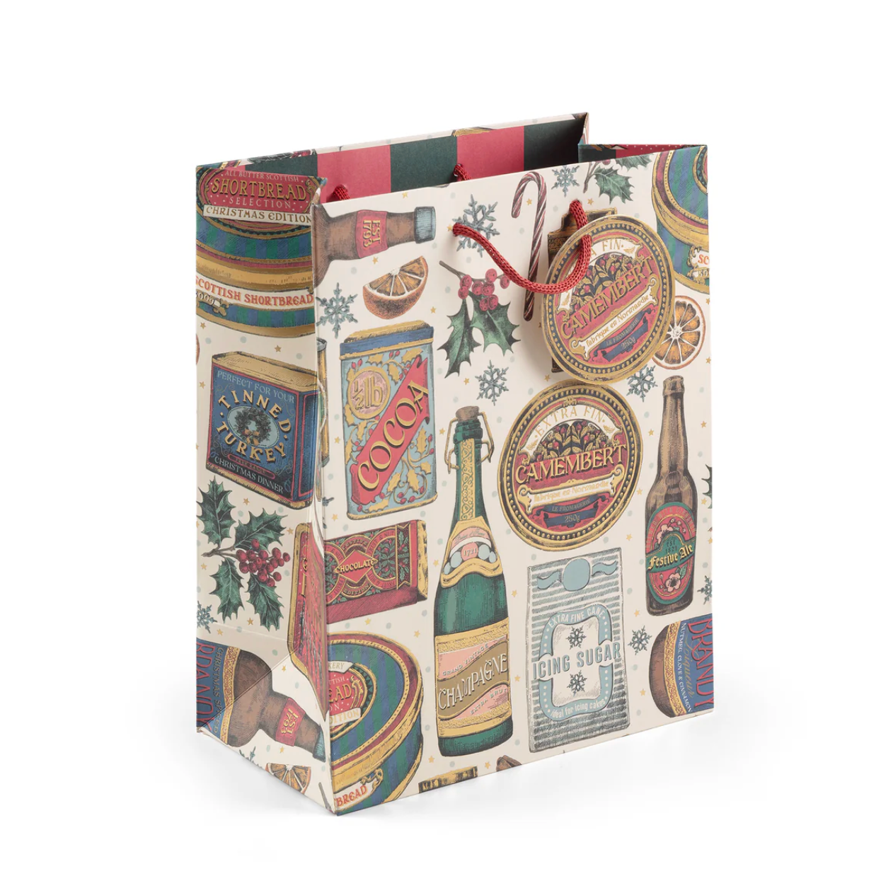 Gift bag with vintage-style bottle and label design on a white background