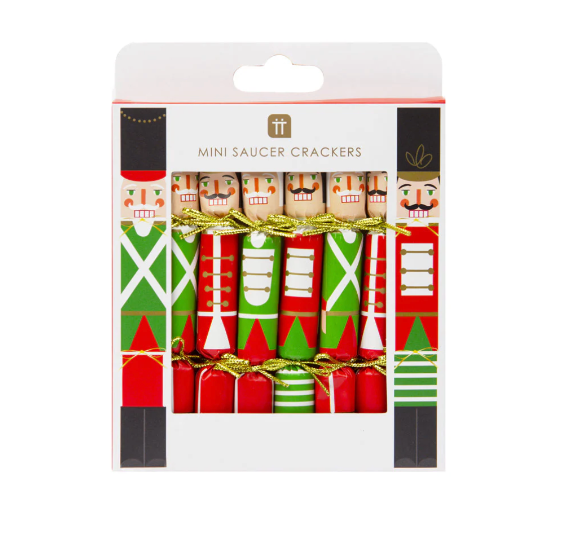 Packaged mini saucer crackers with Nutcracker design on a white background