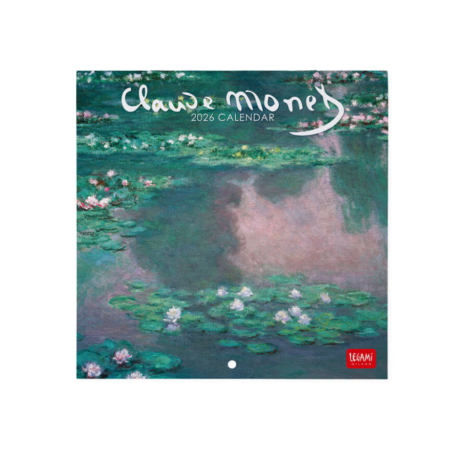 Claude Monet 2026 calendar with water lilies painting on a white background