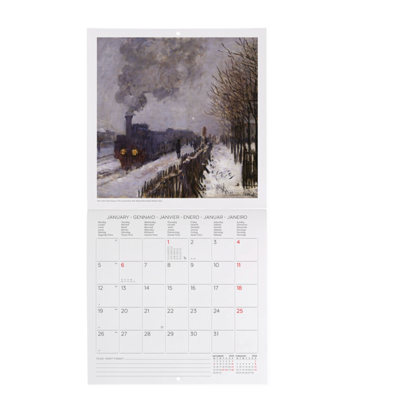 Calendar with a winter scene painting of a train on a snowy landscape.