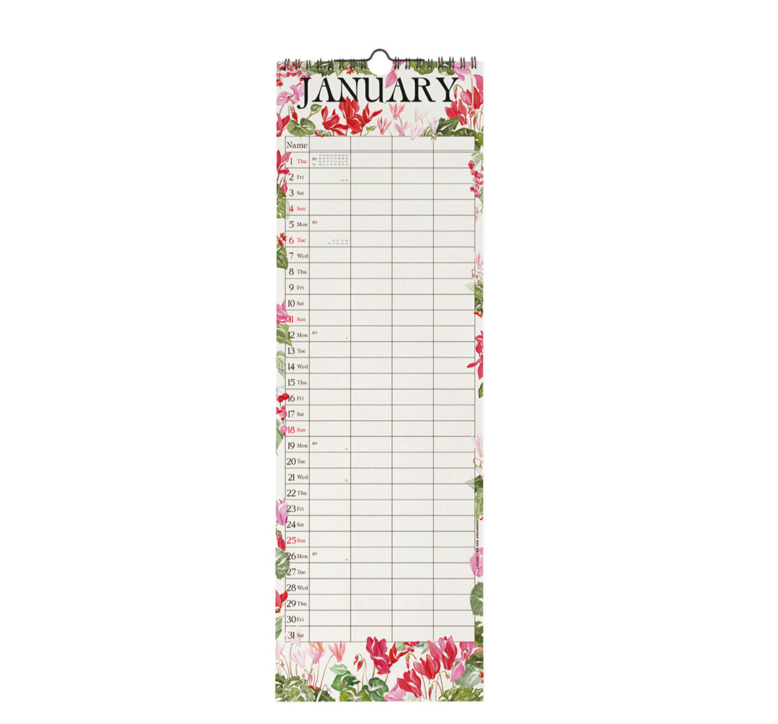 Floral-themed vertical calendar for January on a white background