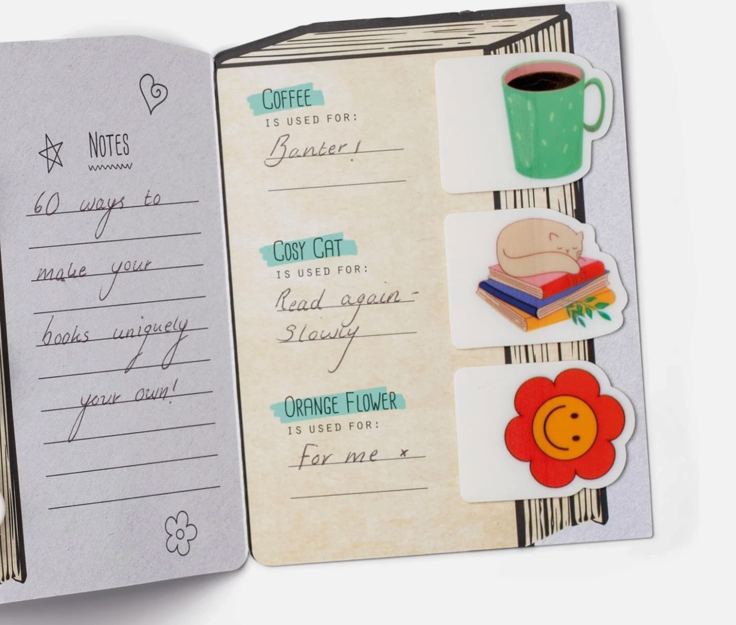 Open notebook with stickers on a white background