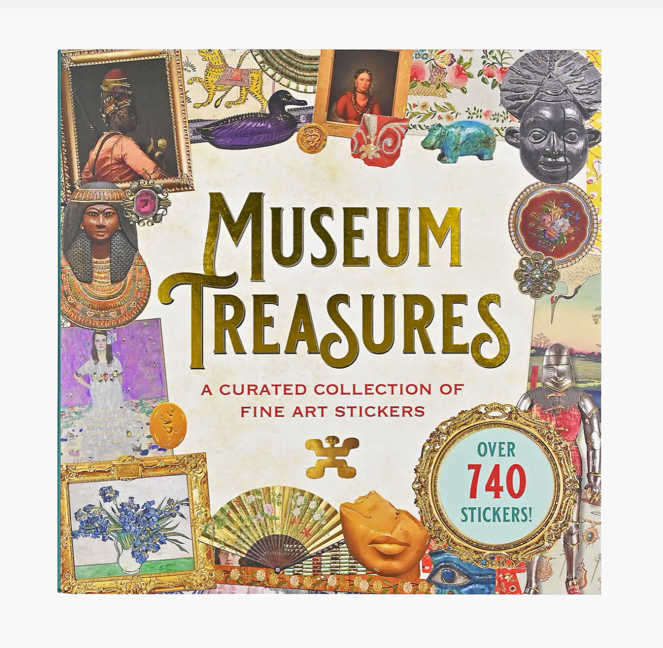 Book cover of 'Museum Treasures' with decorative elements and text about stickers.