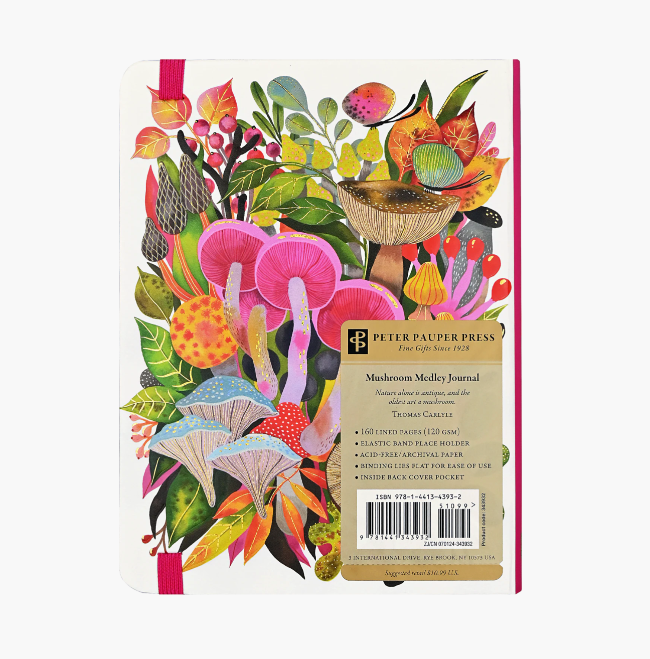 Colorful notebook cover with mushroom illustration and Peter Pauper Press branding