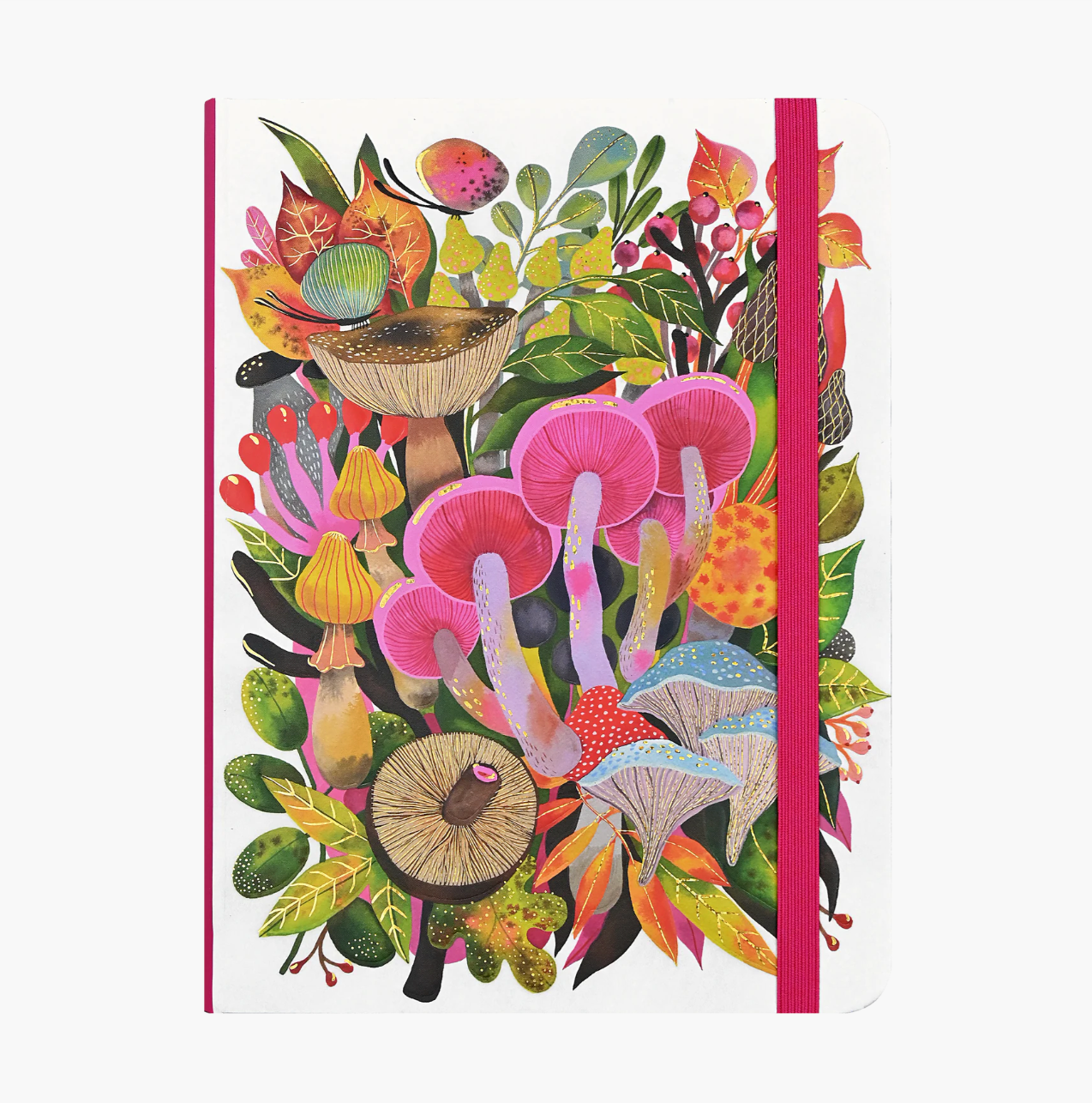 Colorful illustration of mushrooms and foliage on a notebook cover.