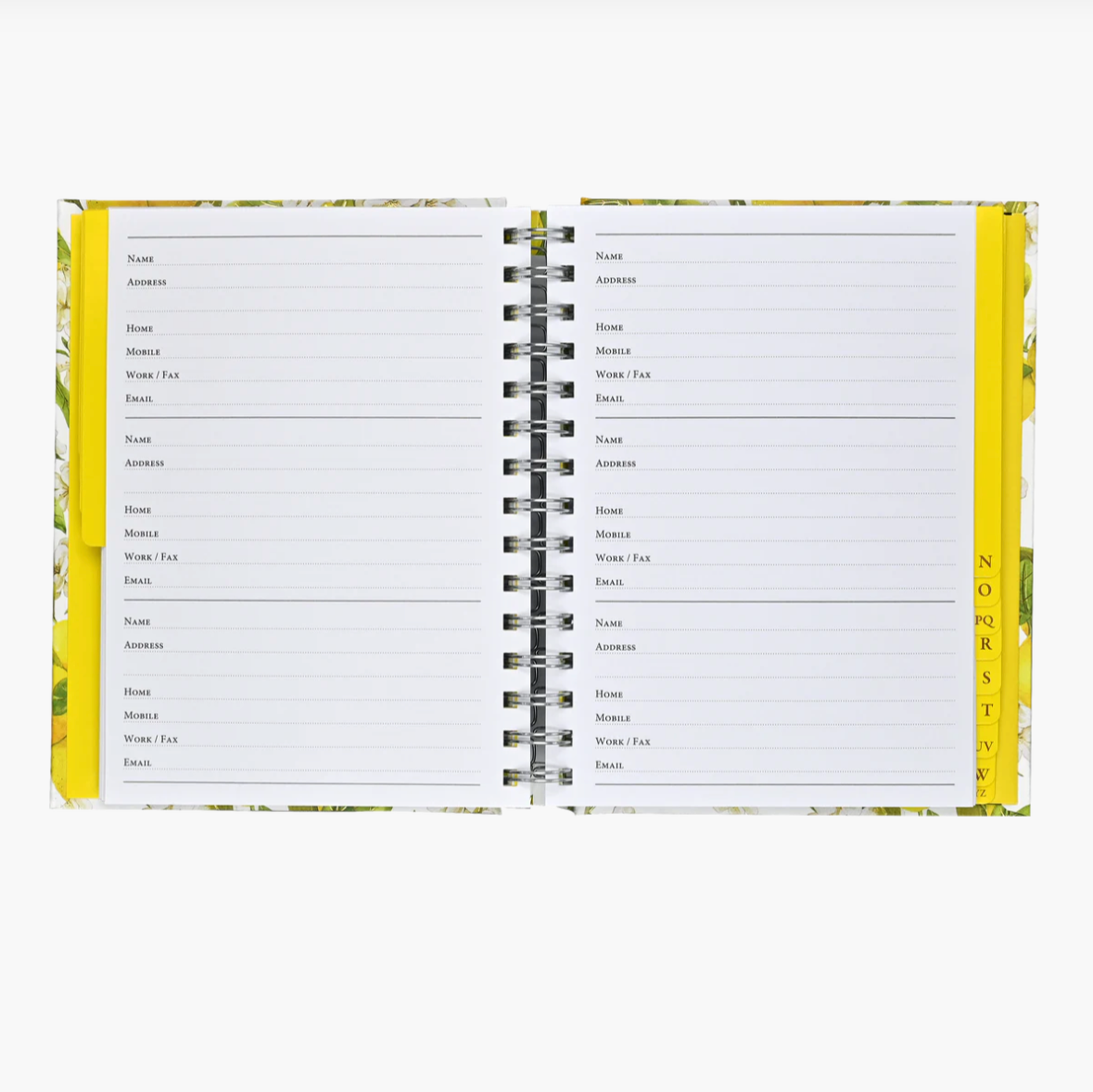 Open spiral-bound planner with yellow edges on a white background