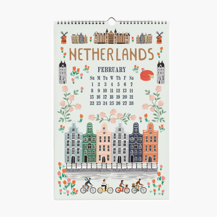 Calendar for February showing illustrations of Dutch houses and bicycles on a white background