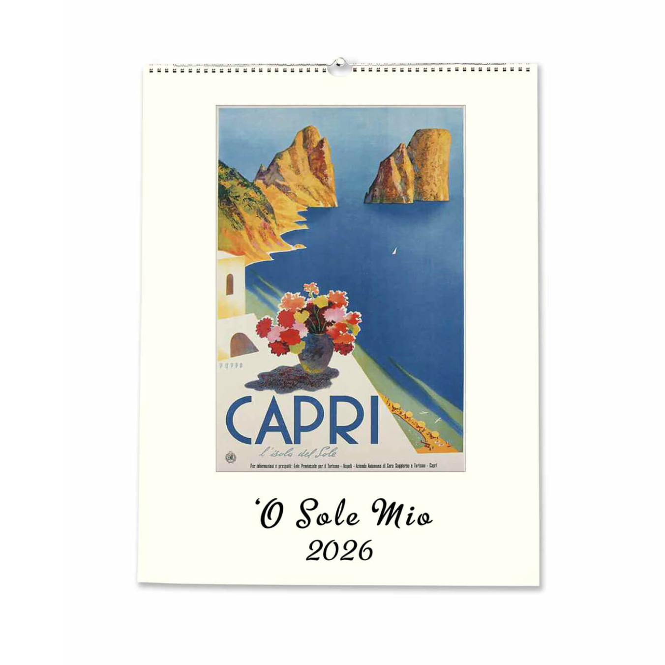 Calendar with a scenic view of Capri and floral arrangement, featuring the text 'O Sole Mio 2026'.