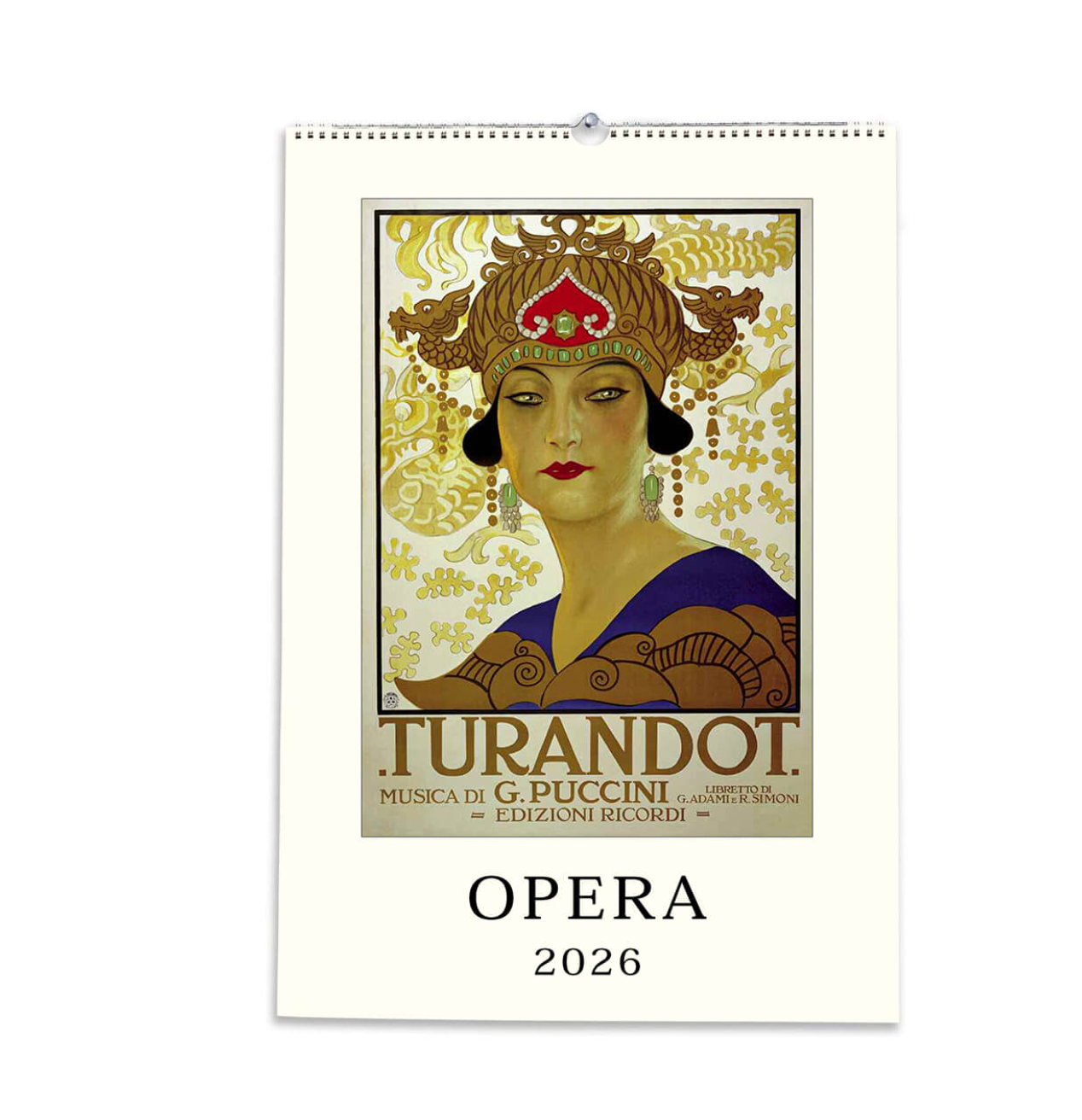Wall calendar for 2026 featuring an opera poster design with a woman's portrait and text.
