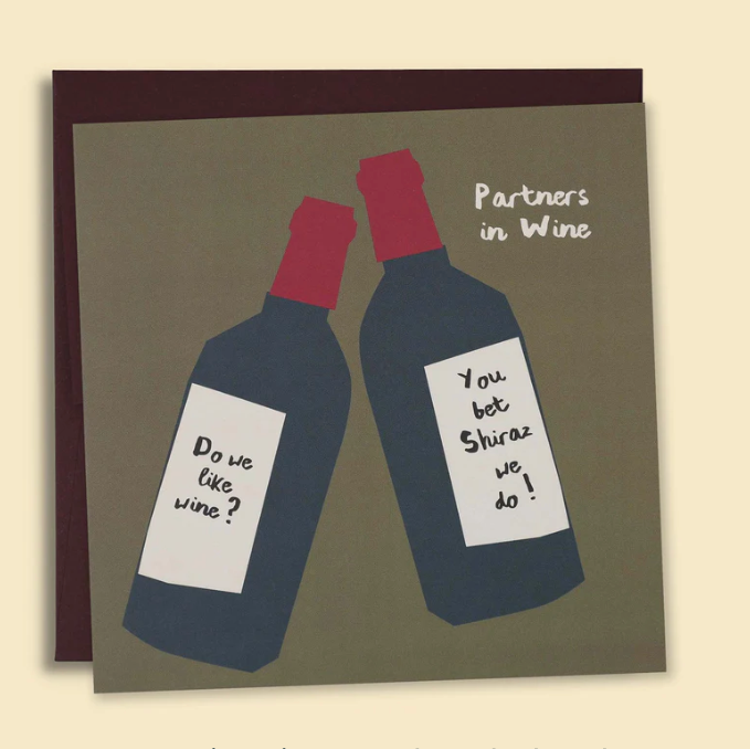 Card with two wine bottles and humorous text on a beige background