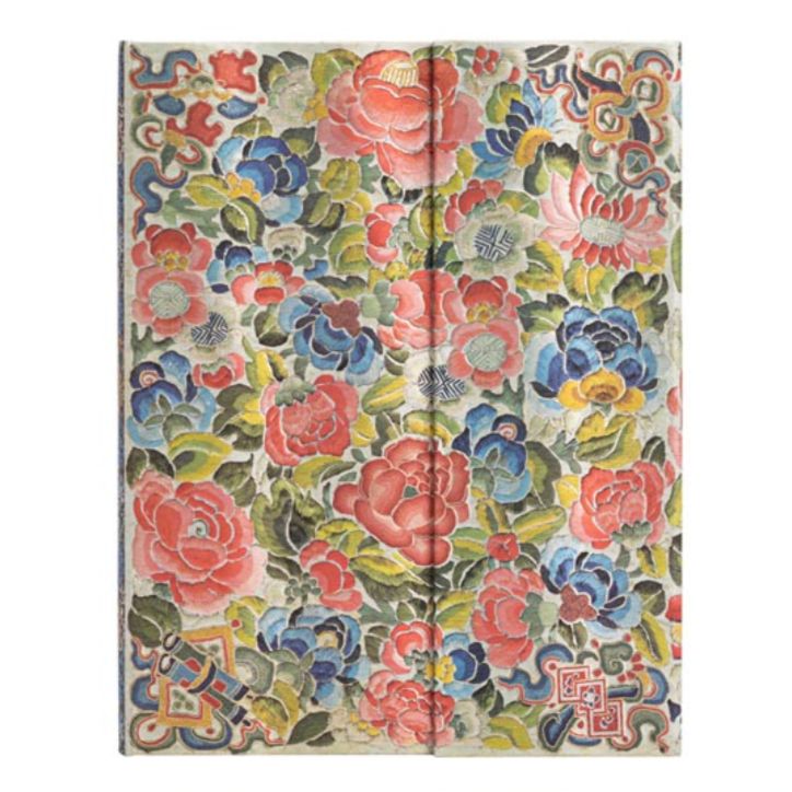 Floral patterned fabric with colorful flowers on a white background