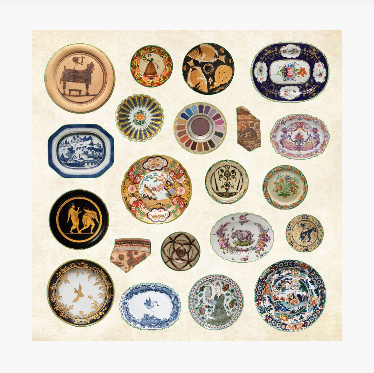 Collection of decorative plates with various designs on a beige background
