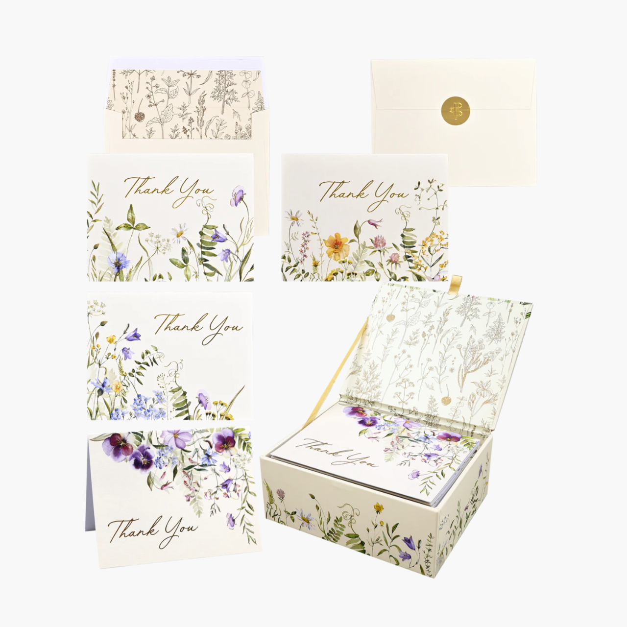 Set of floral 'Thank You' cards with a matching box on a white background
