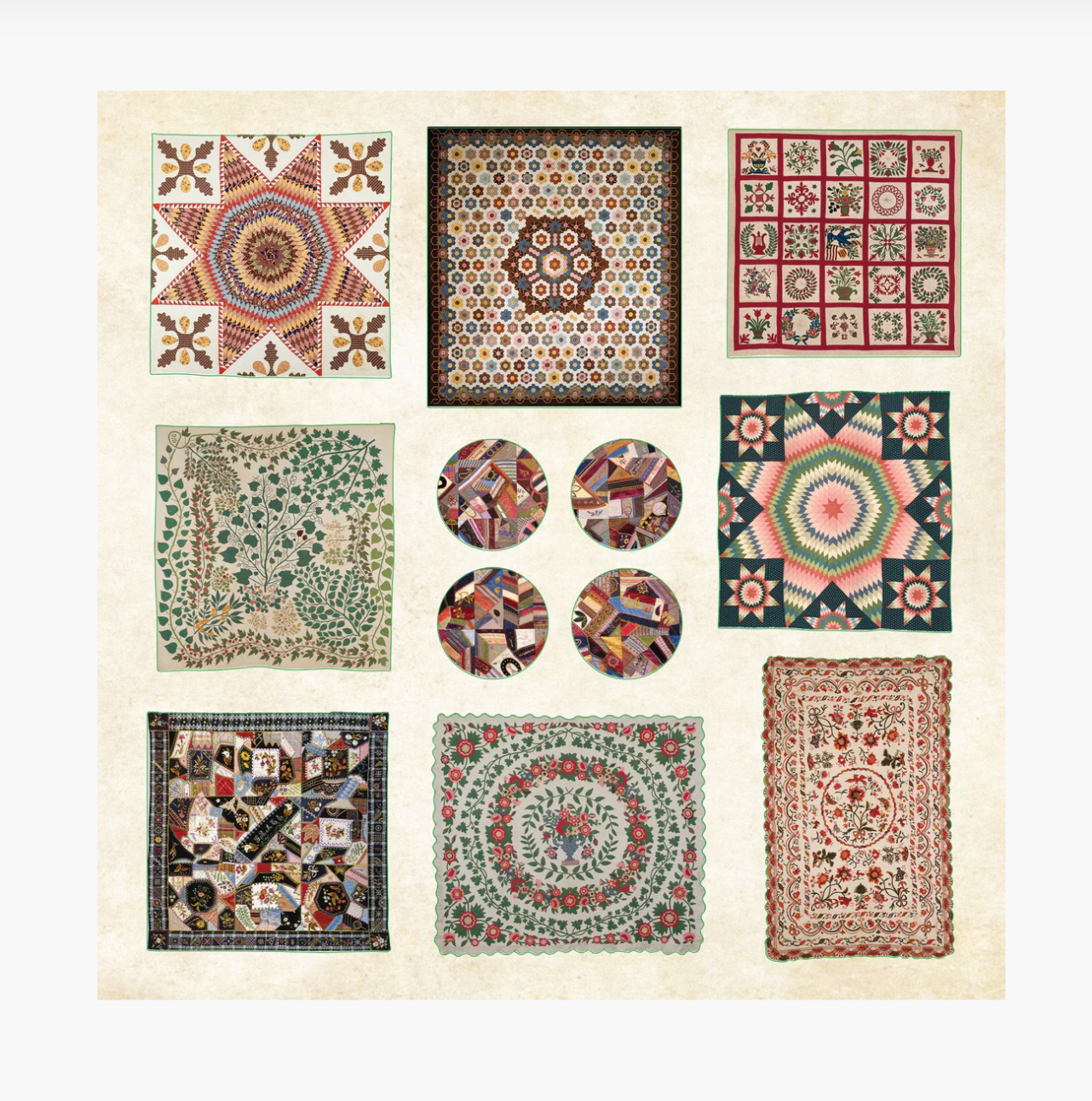 Collection of various quilt patterns on a beige background