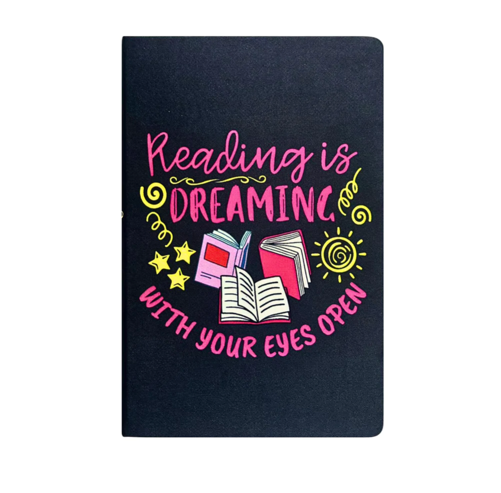 Black notebook with colorful text and book illustrations on a white background