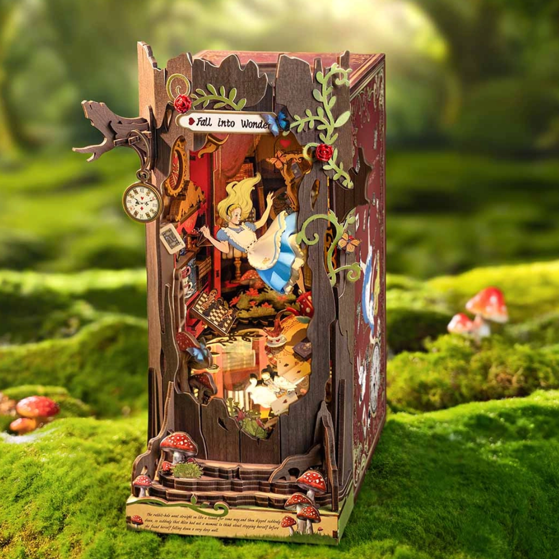 Wooden fairy tale scene with characters on a green forest background