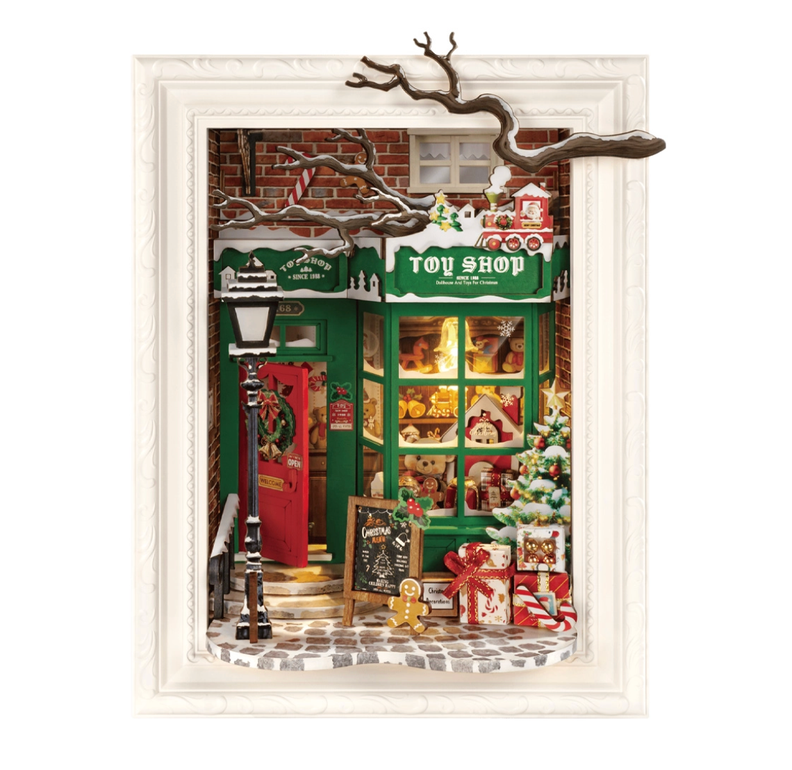 Toy shop diorama with a white frame