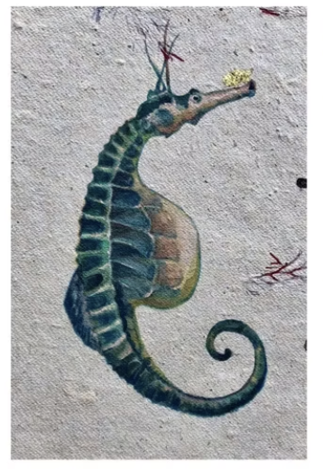 A painted seahorse illustration on a textured light gray background, with the seahorse rendered in teal, green, blue, and tan tones and small red and yellow details.
