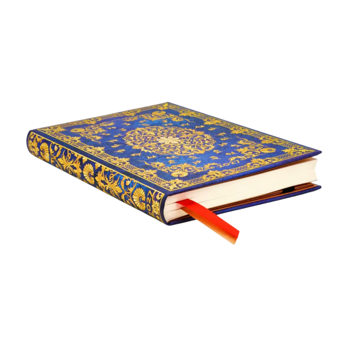 A planner with an ornate blue and gold floral patterned cover, featuring a red ribbon bookmark peeking out from the open pages, isolated on a white background.
