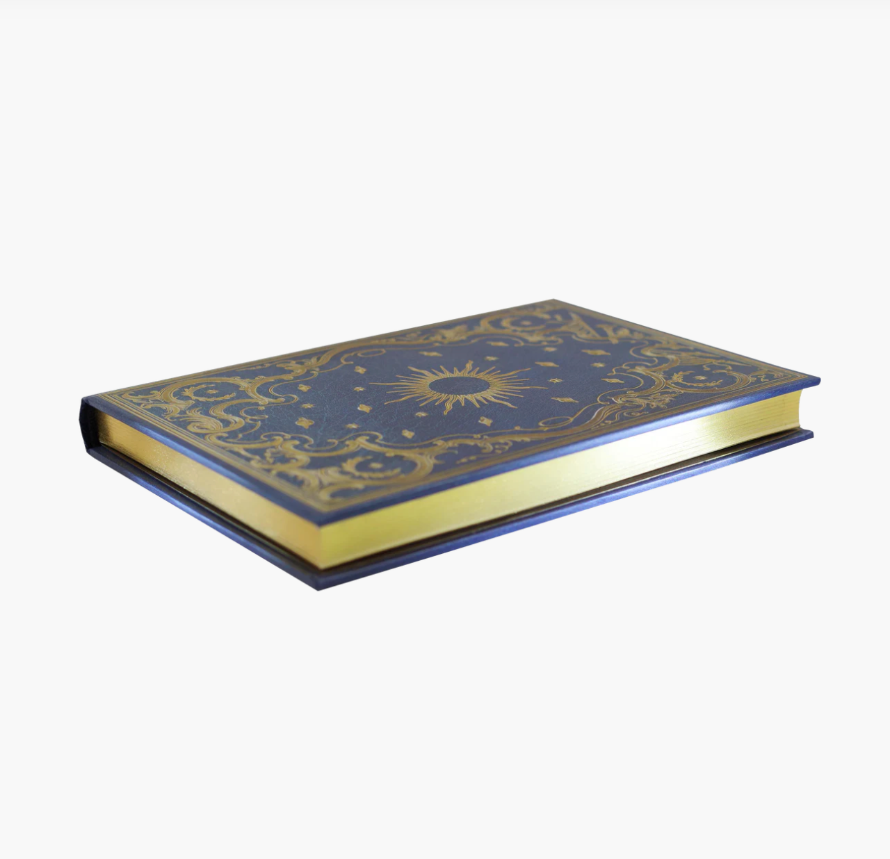 Decorative book with blue and gold cover on a white background