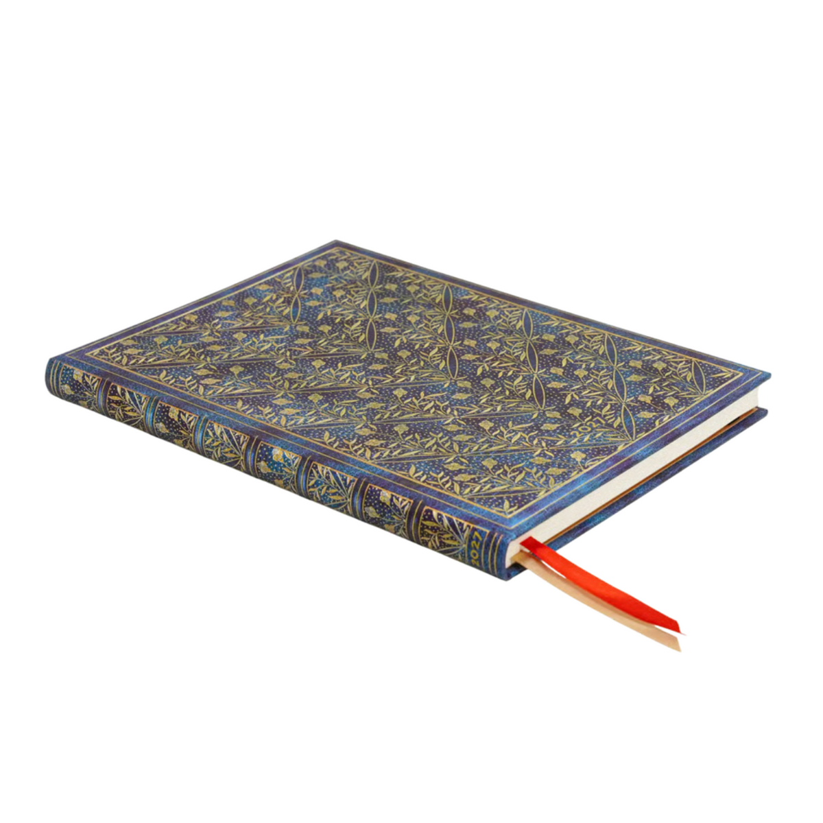 A 2027 planner with an intricate gold and blue floral pattern on the cover and spine, featuring a red ribbon bookmark peeking out from the open end, set against a plain white background.