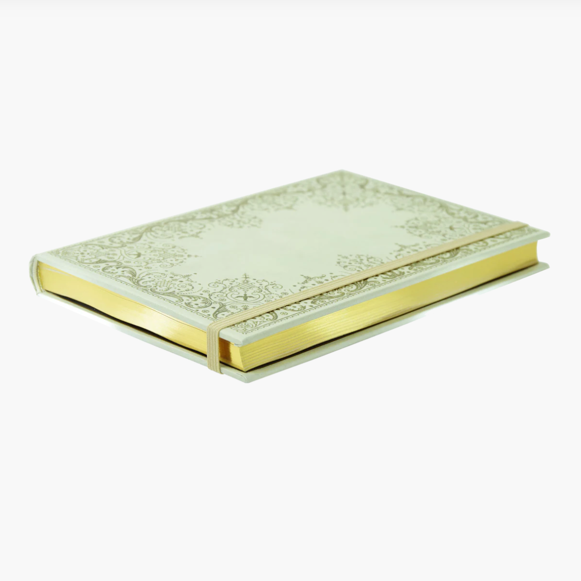 Decorative notebook with gold trim on a white background