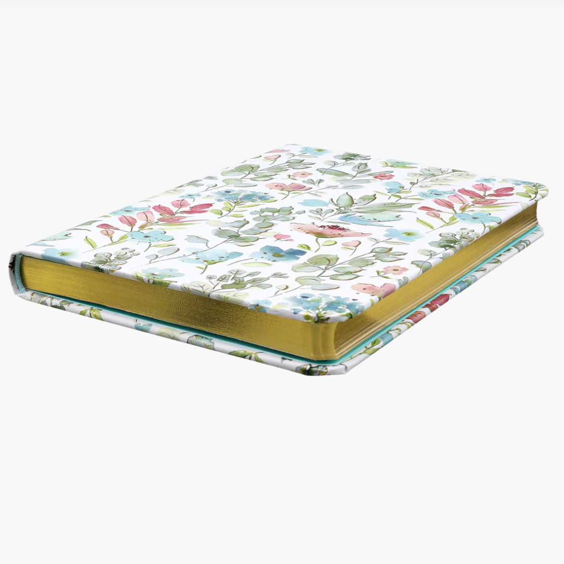 Floral-patterned notebook with gold binding on a white background