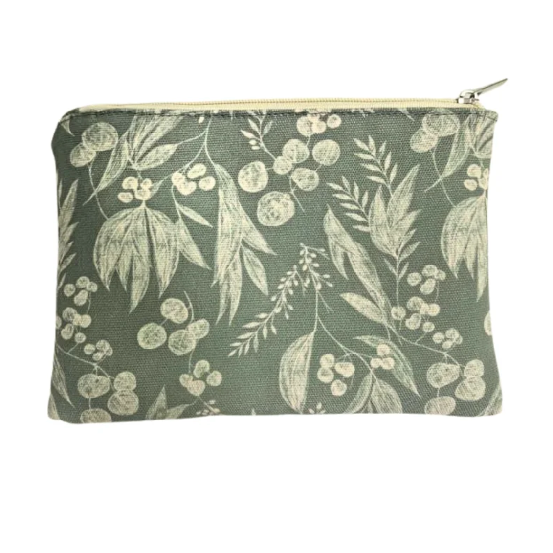 A rectangular zippered pouch featuring an all-over botanical pattern of leaves and berries in cream on a muted sage green background, shown against a plain white background.