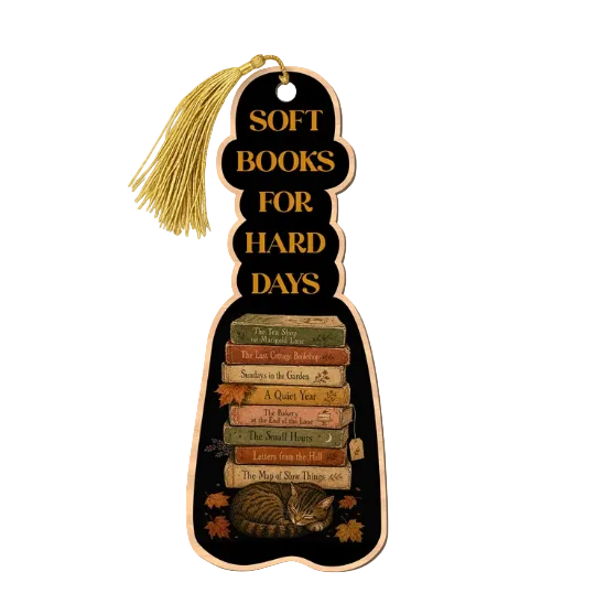 A novelty book-shaped bookmark with a gold tassel, featuring the text 'SOFT BOOKS FOR HARD DAYS' above an illustrated stack of old books, a sleeping cat, and autumn leaves on a black background.