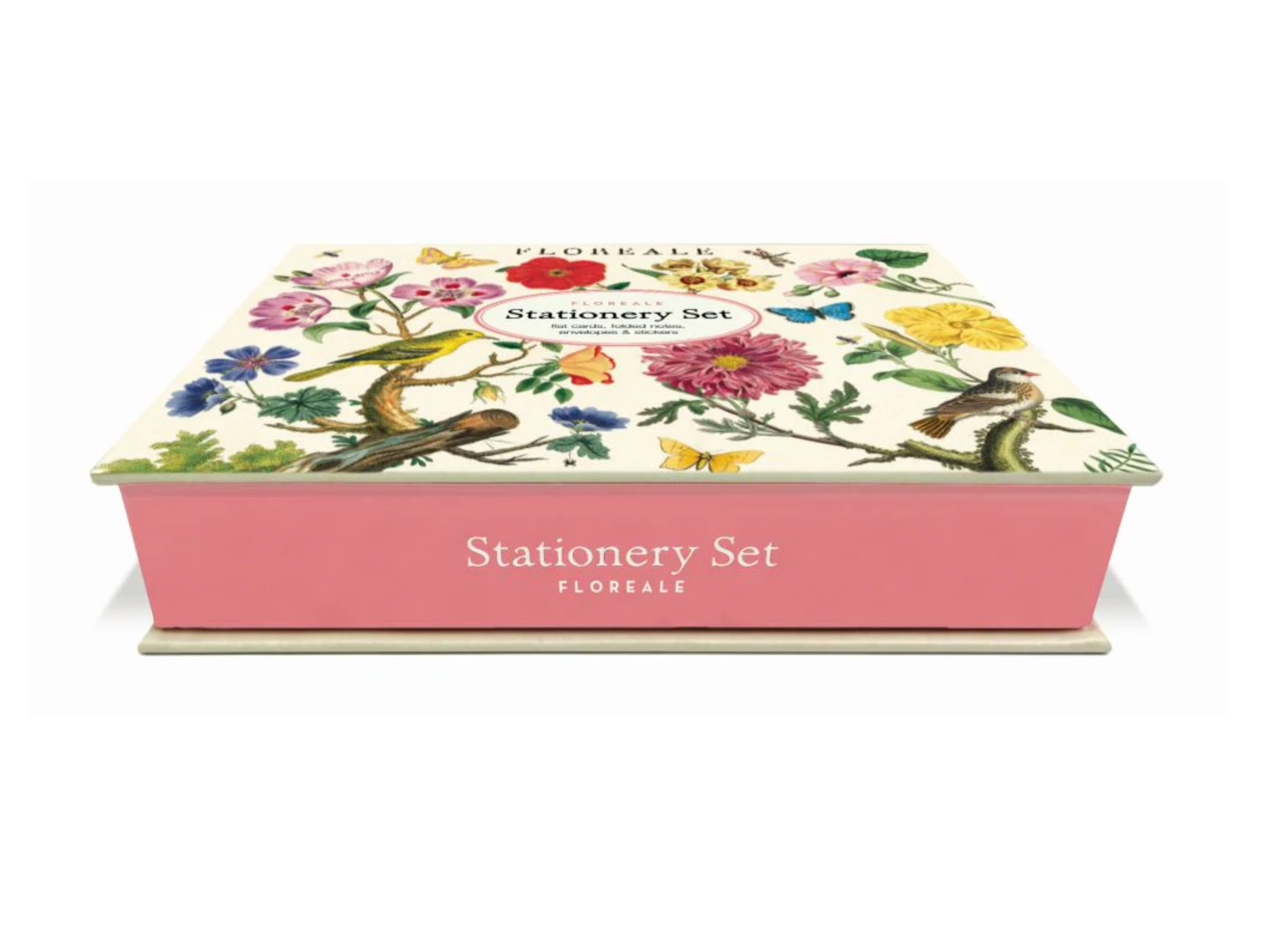 Stationery set box with floral and bird design on a white background