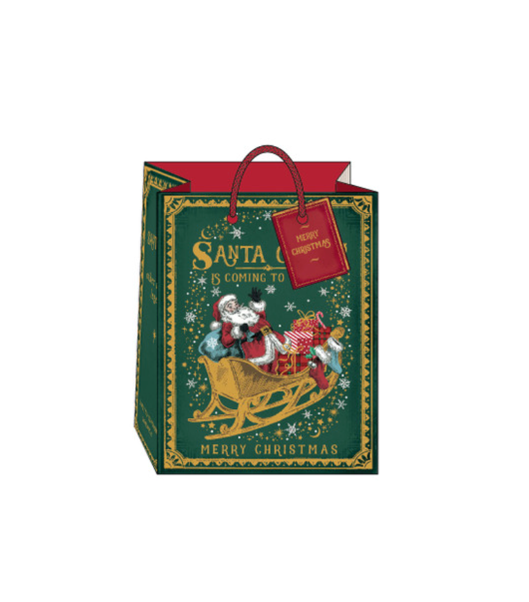 Christmas gift bag with Santa Claus design on a white background