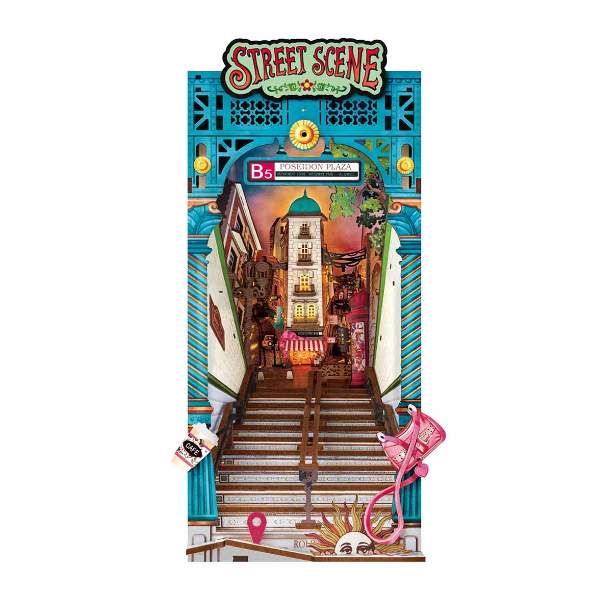 Model of a street scene with buildings and a phone booth, featuring 'Street Scene' branding.