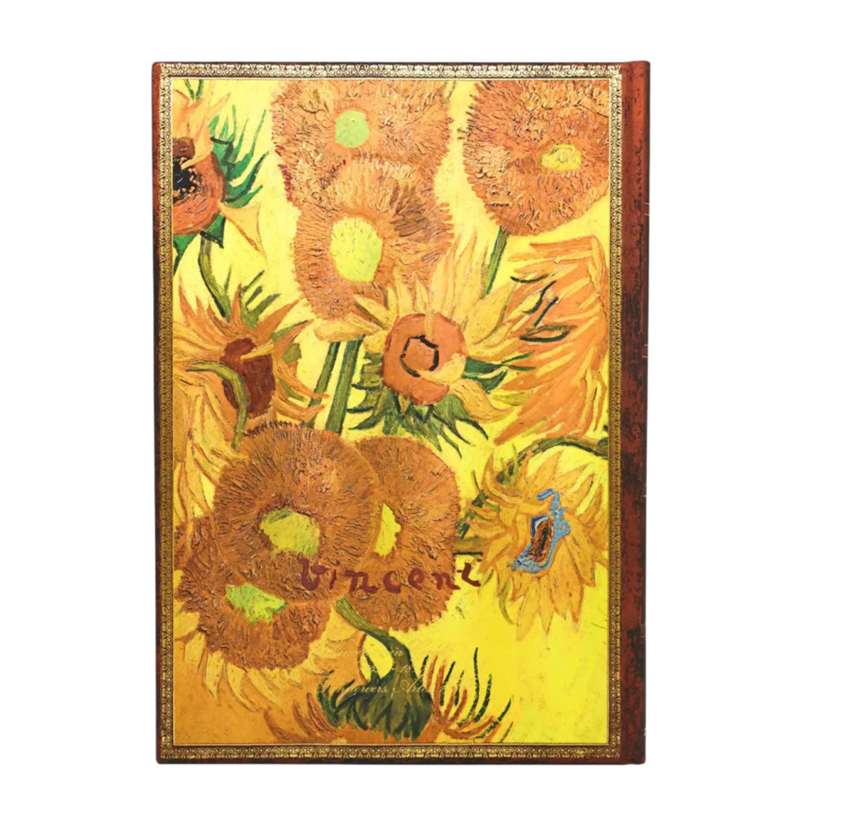 A 2027 planner featuring Vincent van Gogh's 'Sunflowers' artwork on the cover, with a brown spine and gold decorative border details.