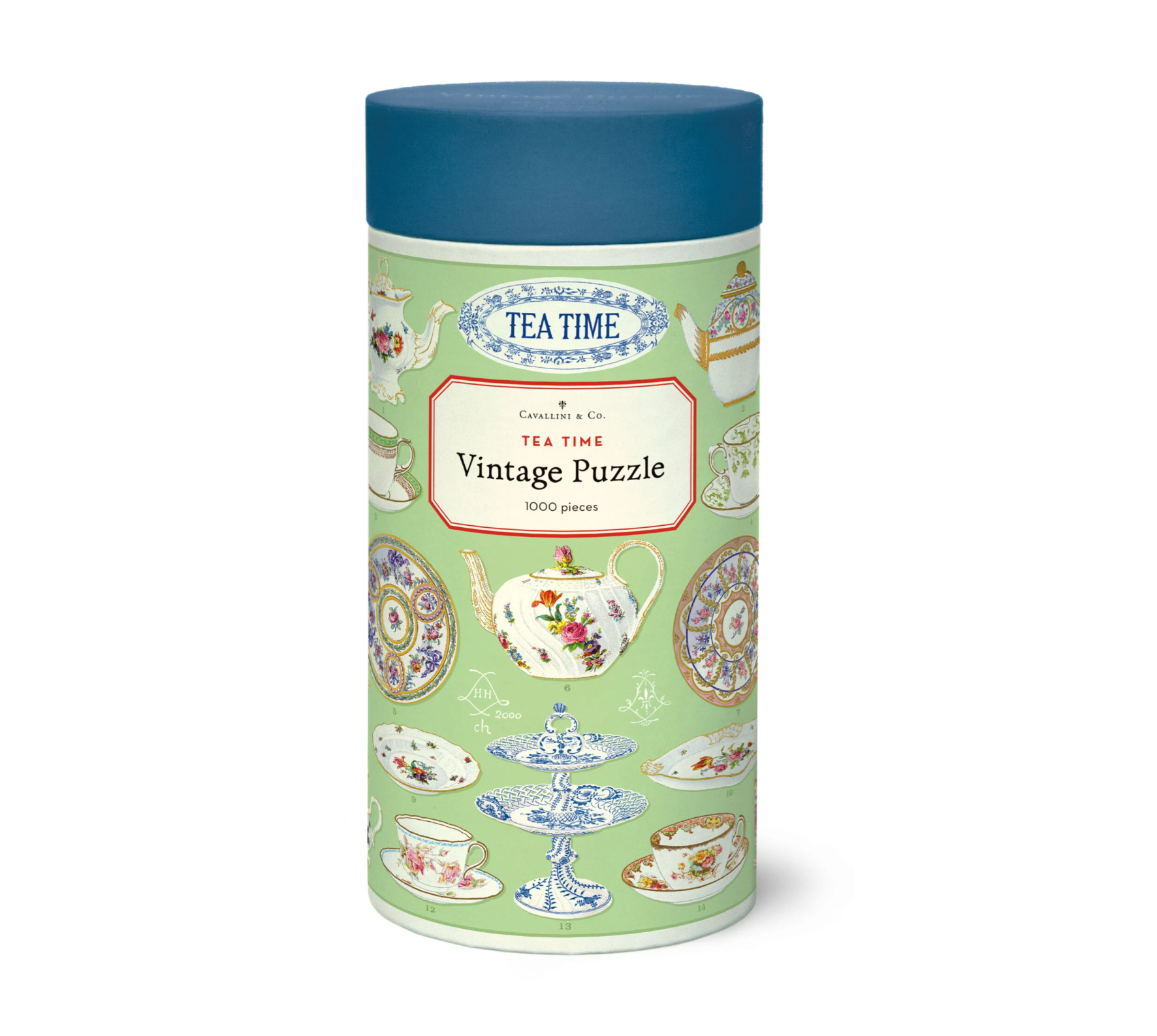  cylindrical packaging with tea-themed illustrations and 'Tea Time' branding