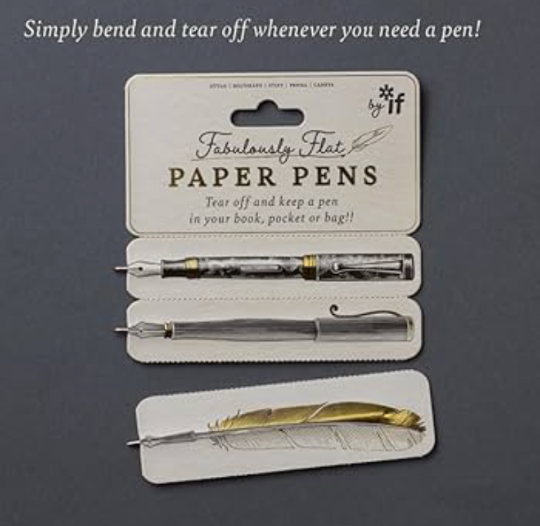 Packaged paper pens with a pen on a gray background