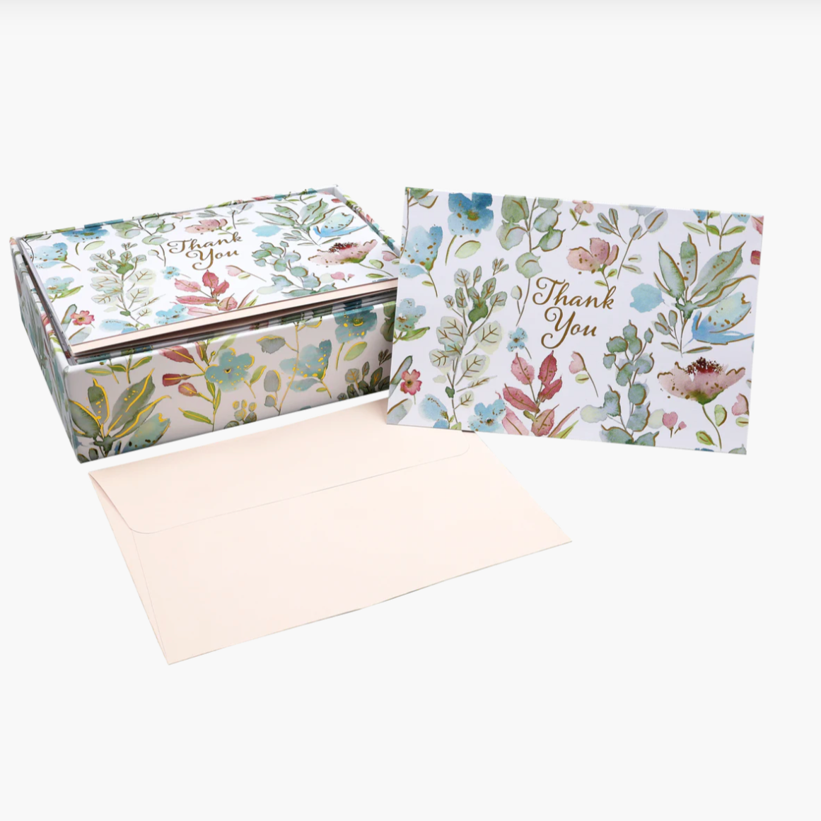 Set of floral stationery with 'Thank You' cards and a box on a white background