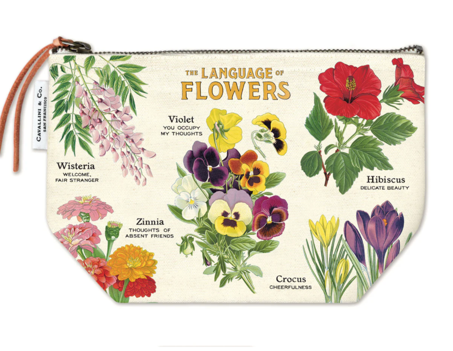 Pouch with floral design and text 'The Language of Flowers' on a white background