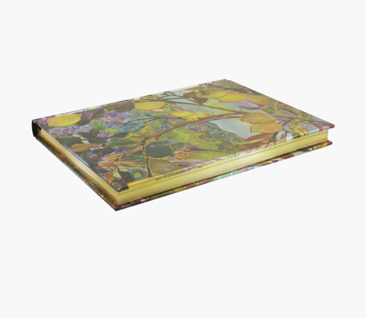 A hardcover notebook or journal featuring a detailed botanical illustration on the cover with green, yellow, and purple tones, set against a plain white background.