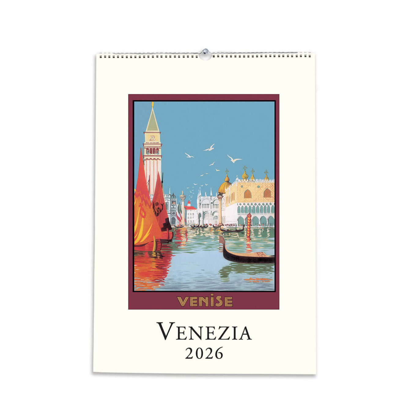 Calendar with a scenic illustration of Venice featuring the Big Ben, on a white background.
