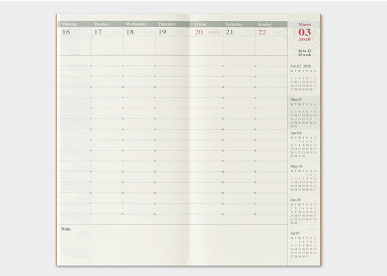 Calendar planner with monthly view and notes section on a white background