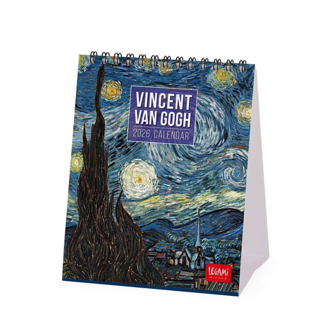 Vincent Van Gogh 2026 calendar with 'Starry Night' design on a white background