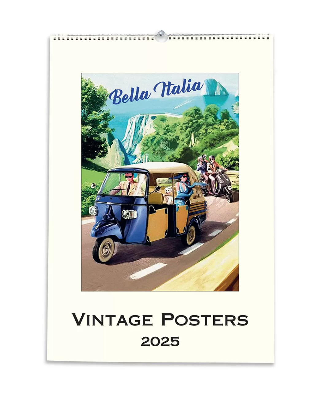 A calendar for the year 2025 featuring a vintage poster design with a scene of a blue and white tram on a road in Italy, with a group of people inside.