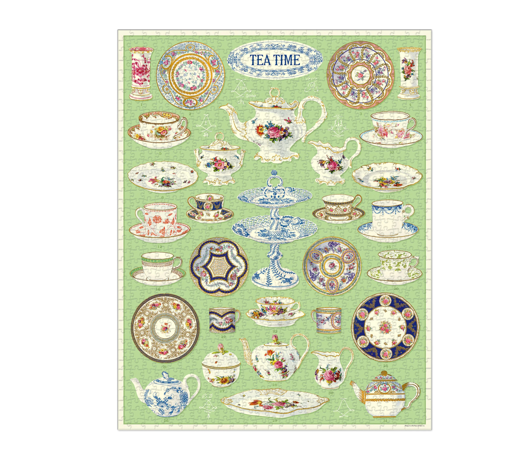 Tea time-themed design with teapots, cups, and plates on a green background