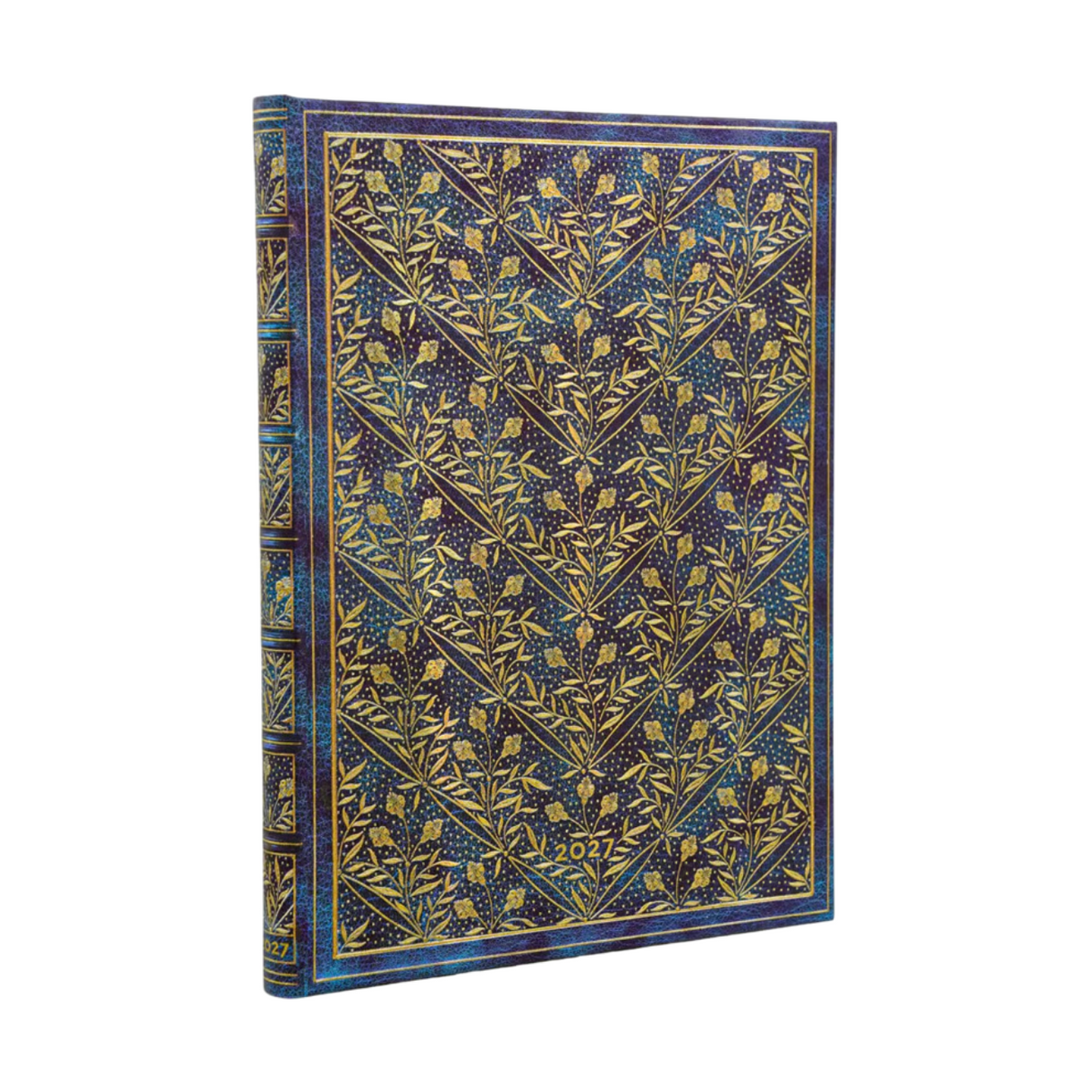 A hardcover planner with an ornate, symmetrical floral pattern in gold and blue on a dark navy background, shown at a three-quarter angle on a plain white background.