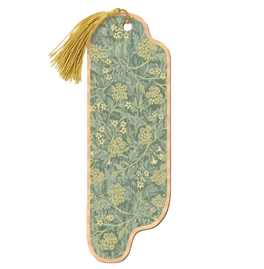 A decorative bookmark with a tassel, featuring a botanical pattern by Willaim Morris of green leaves and cream flowers on a sage green background, with a light wood border. 