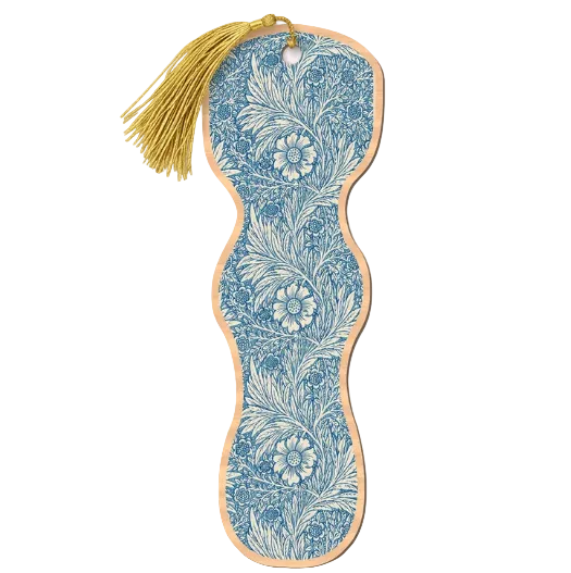 A decorative bookmark with a blue and white floral pattern, a light wood border, and a gold tassel, shown on a pale pink background.