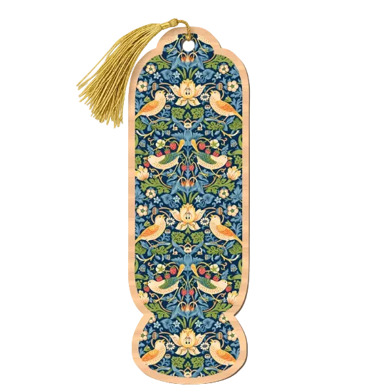A decorative bookmark featuring a William Morris-strawberry thief floral and bird pattern in blue, green, yellow, and cream, with a gold tassel at the top, shown on a plain light background.