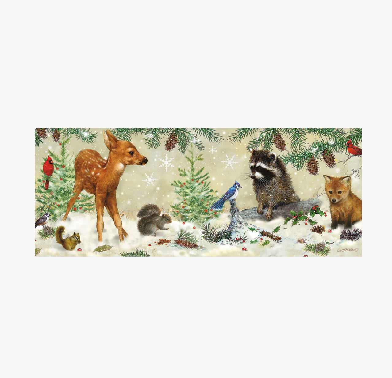 Winter scene with deer, raccoon, and other animals in a snowy forest setting.